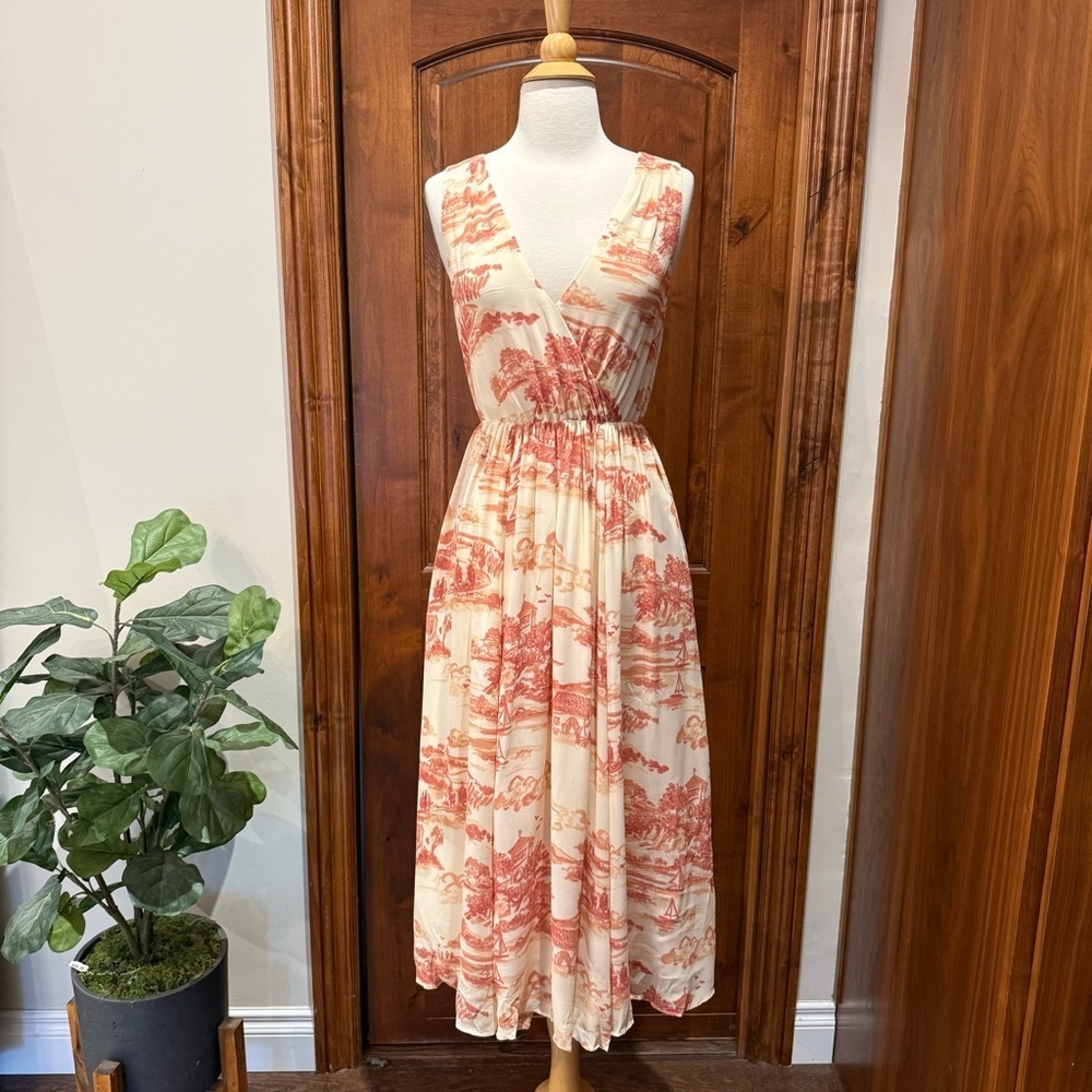 💋Reformation Farah sleeveless v neck Cream and light red Midi Dress. Size 4 - Picture 4 of 10